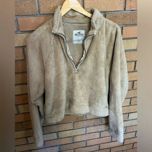 Hollister Women’s Fleece Cropped Sweater Pullover Quarter Zip Size M Tan